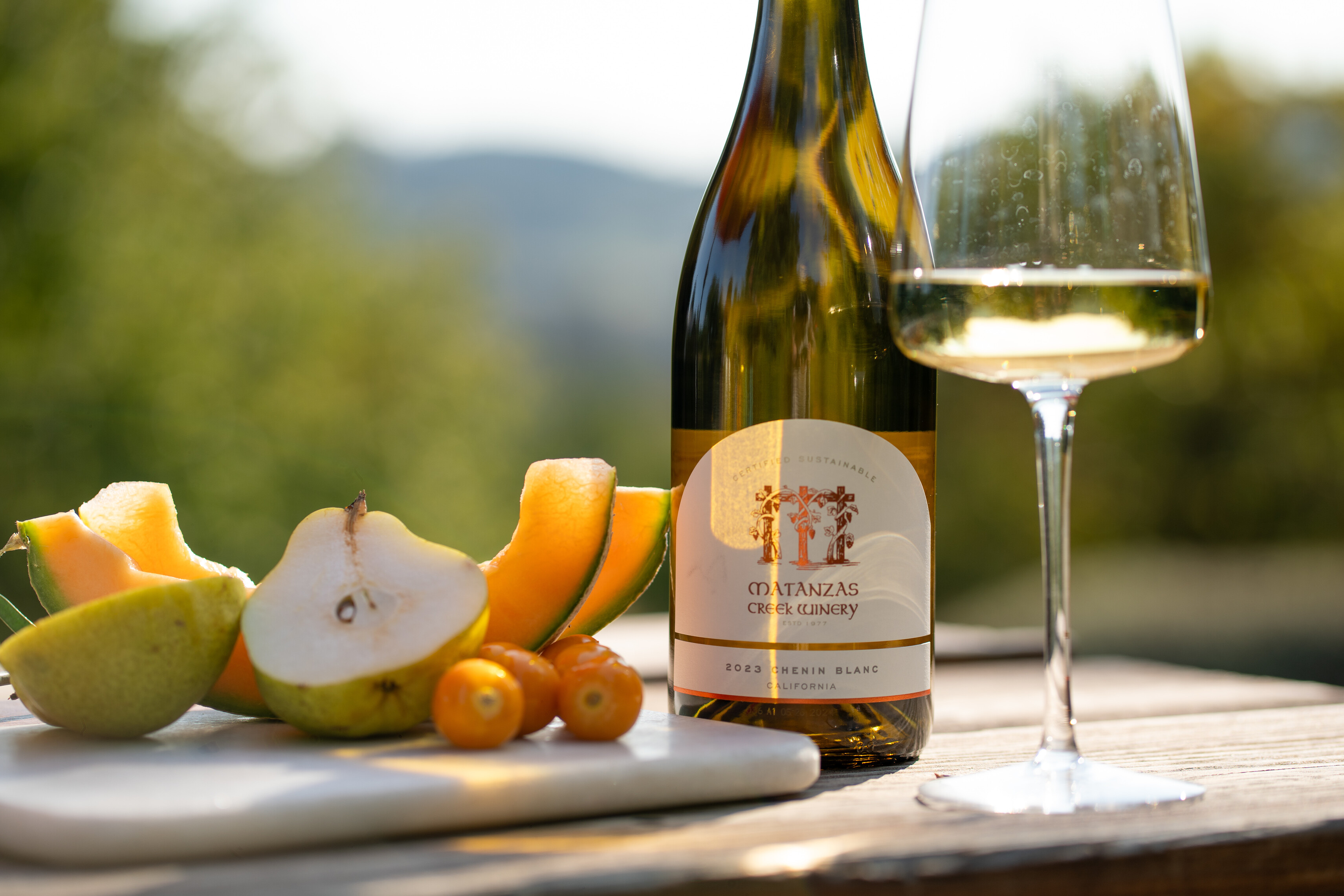 Matanzas Creek white wine with a plate of fruit